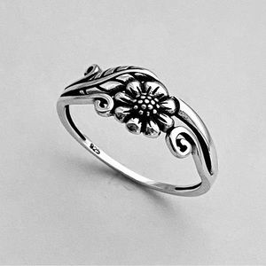 Sunflower Sterling Silver Ring with Leaf and Swirly, Flower Ring, Dainty Ring